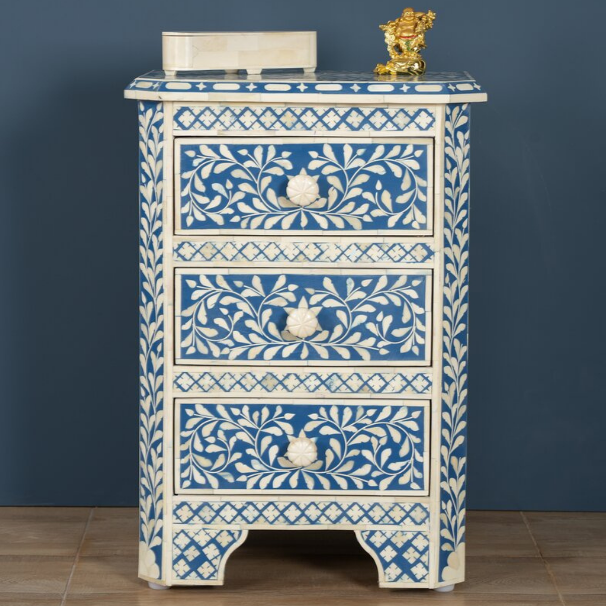 Handmade Blue Floral Bone Inlay 3 Drawer Bedside Table | Luxury Nightstand