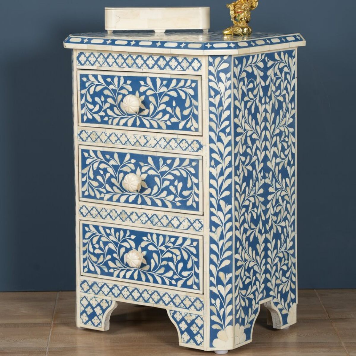 Handmade Blue Floral Bone Inlay 3 Drawer Bedside Table | Luxury Nightstand