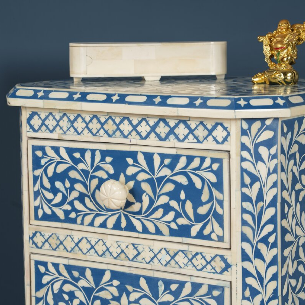 Handmade Blue Floral Bone Inlay 3 Drawer Bedside Table | Luxury Nightstand