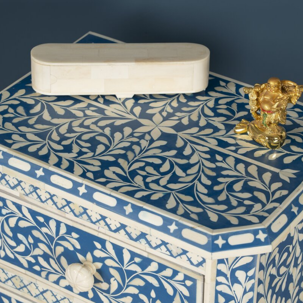 Handmade Blue Floral Bone Inlay 3 Drawer Bedside Table | Luxury Nightstand