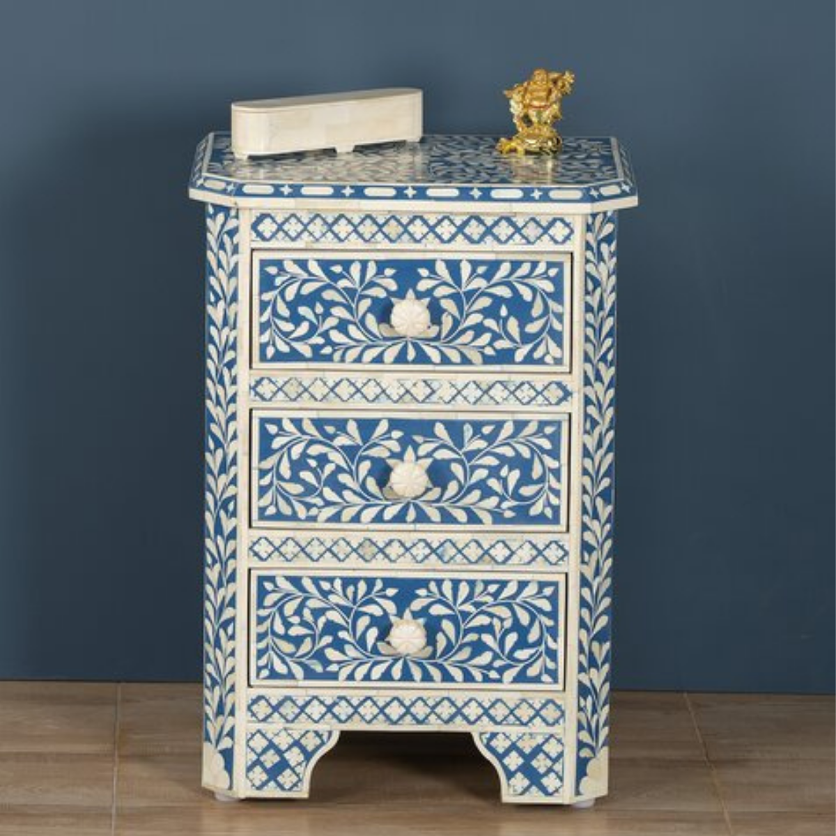 Handmade Blue Floral Bone Inlay 3 Drawer Bedside Table | Luxury Nightstand