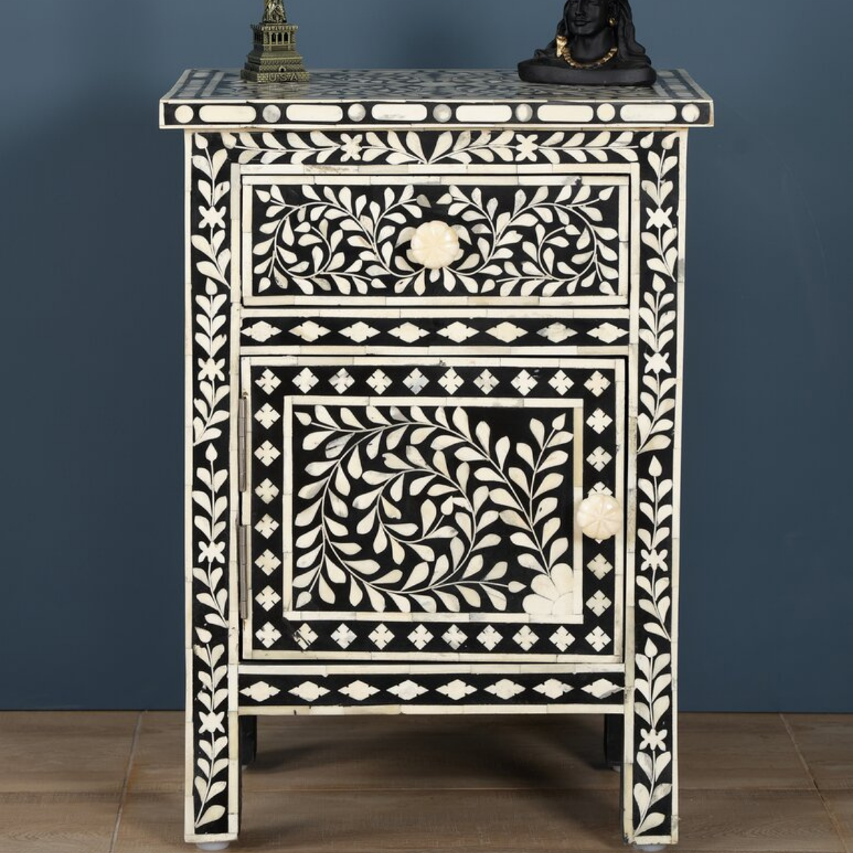 Handmade Black Floral Bone Inlay Bedside Cabinet | Luxury Nightstand with Storage