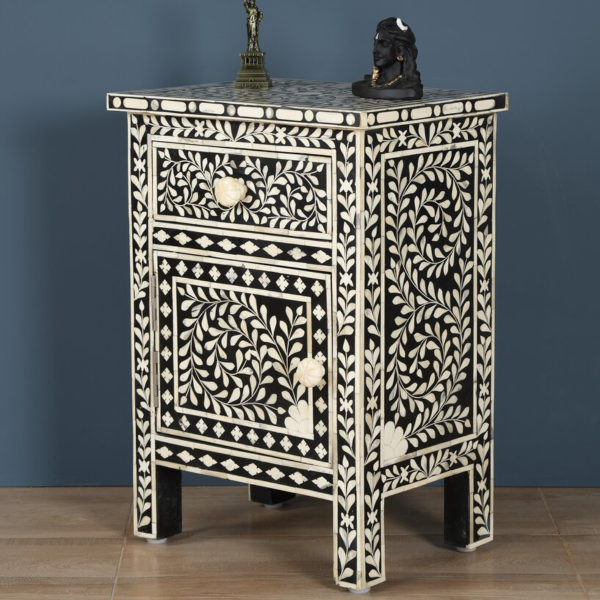 Handmade Black Floral Bone Inlay Bedside Cabinet | Luxury Nightstand with Storage