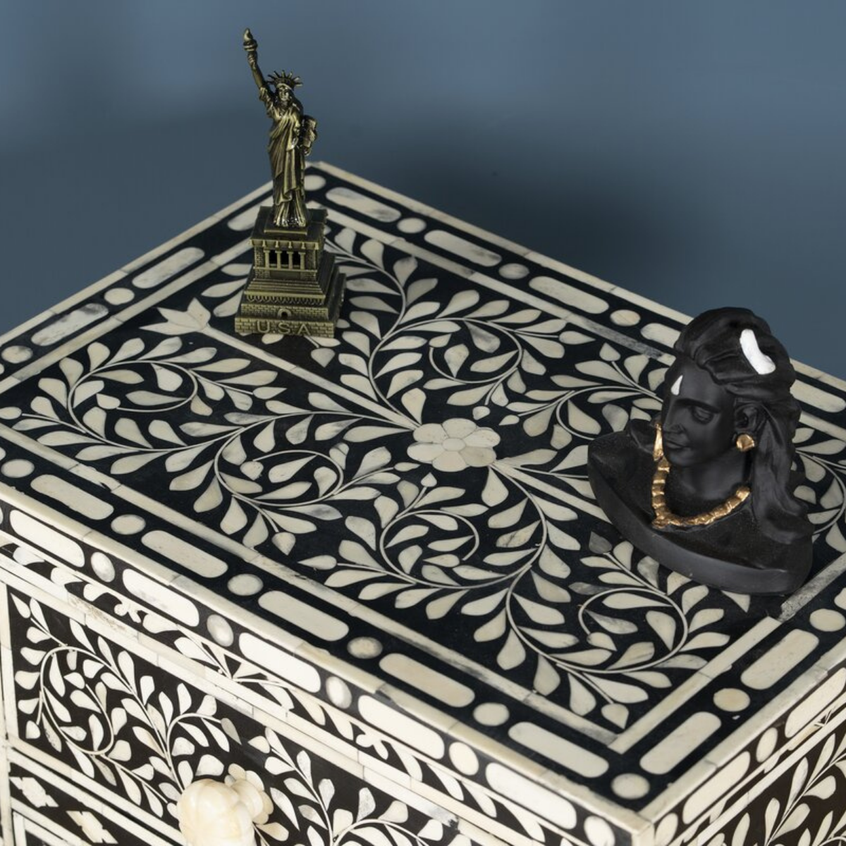Handmade Black Floral Bone Inlay Bedside Cabinet | Luxury Nightstand with Storage