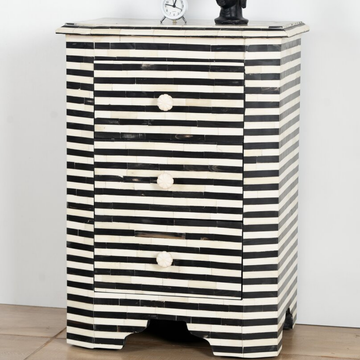 Handmade Black & White Stripe Bone Inlay 3 Drawer Bedside Table