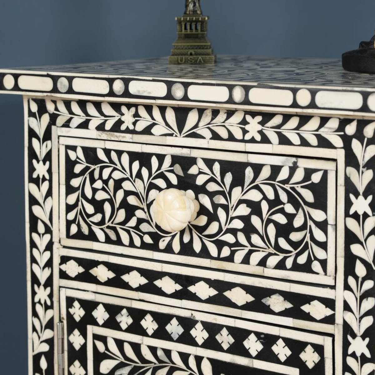 Handmade Black Floral Bone Inlay Bedside Cabinet | Luxury Nightstand with Storage