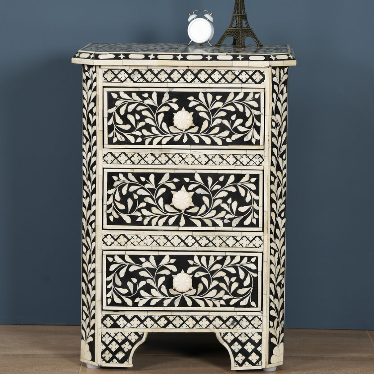 Handmade Black Floral Bone Inlay 3 Drawer Bedside Table | Luxury Nightstand