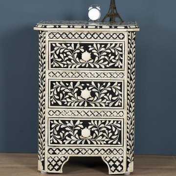 Handmade Black Floral Bone Inlay 3 Drawer Bedside Table | Luxury Nightstand