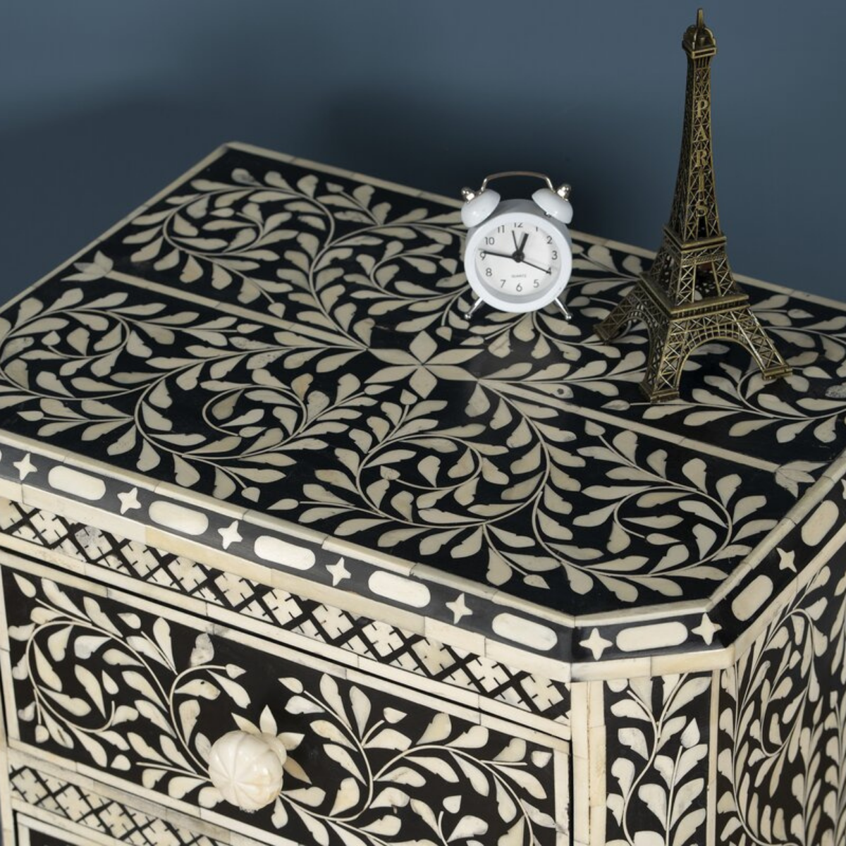 Handmade Black Floral Bone Inlay 3 Drawer Bedside Table | Luxury Nightstand