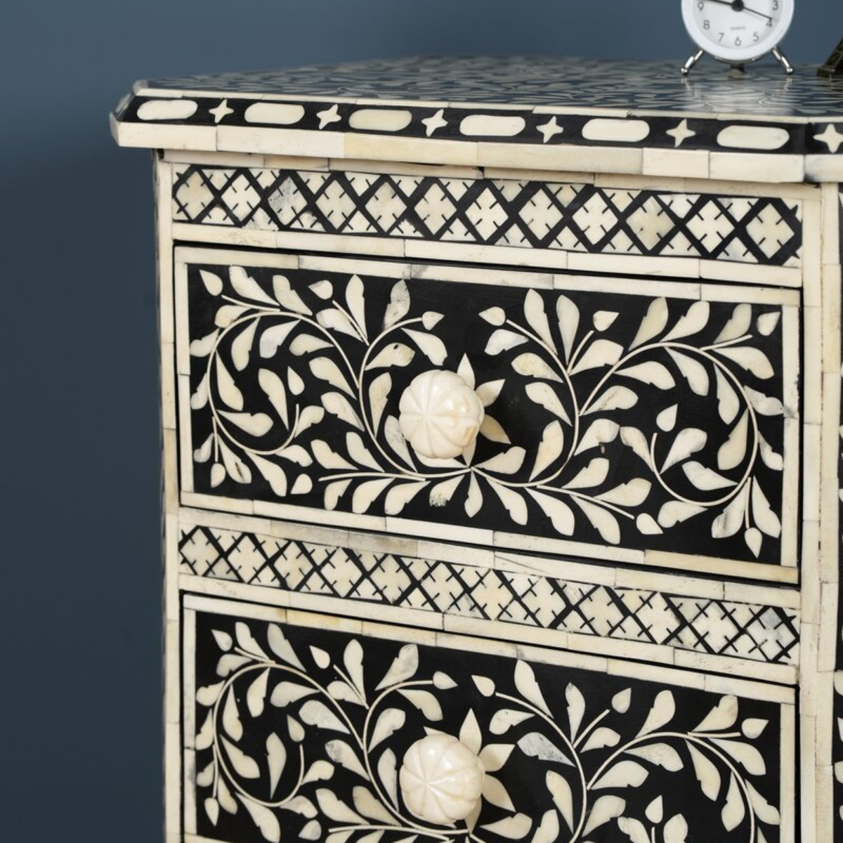 Handmade Black Floral Bone Inlay 3 Drawer Bedside Table | Luxury Nightstand