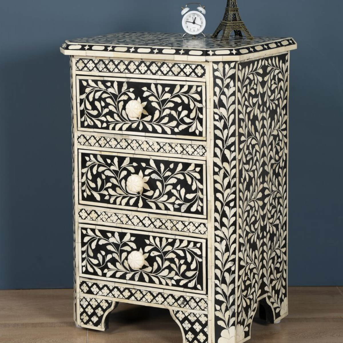 Handmade Black Floral Bone Inlay 3 Drawer Bedside Table | Luxury Nightstand