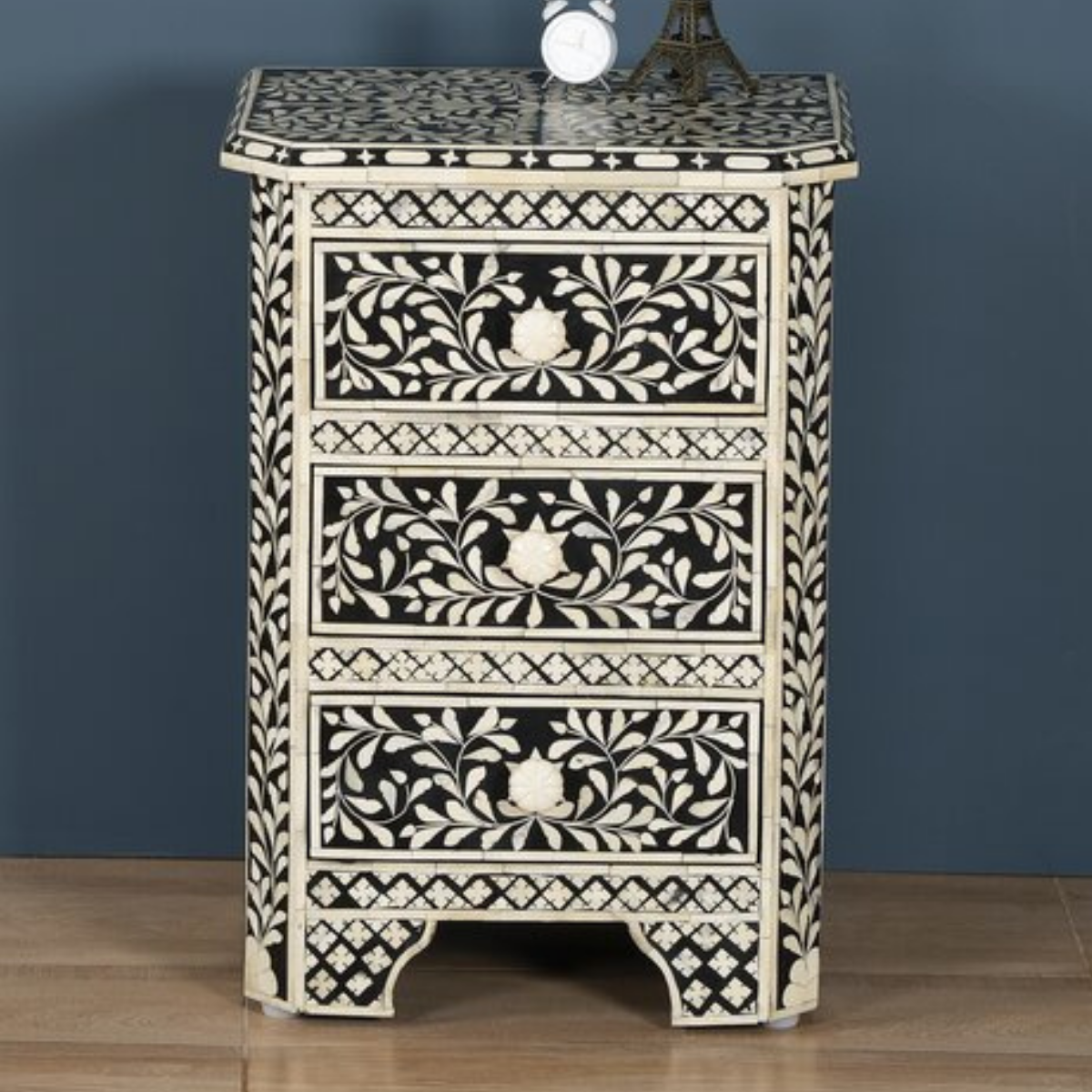 Handmade Black Floral Bone Inlay 3 Drawer Bedside Table | Luxury Nightstand
