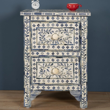 Handmade Blue Bone Inlay 2 Drawer Bedside Table | Floral Nightstand