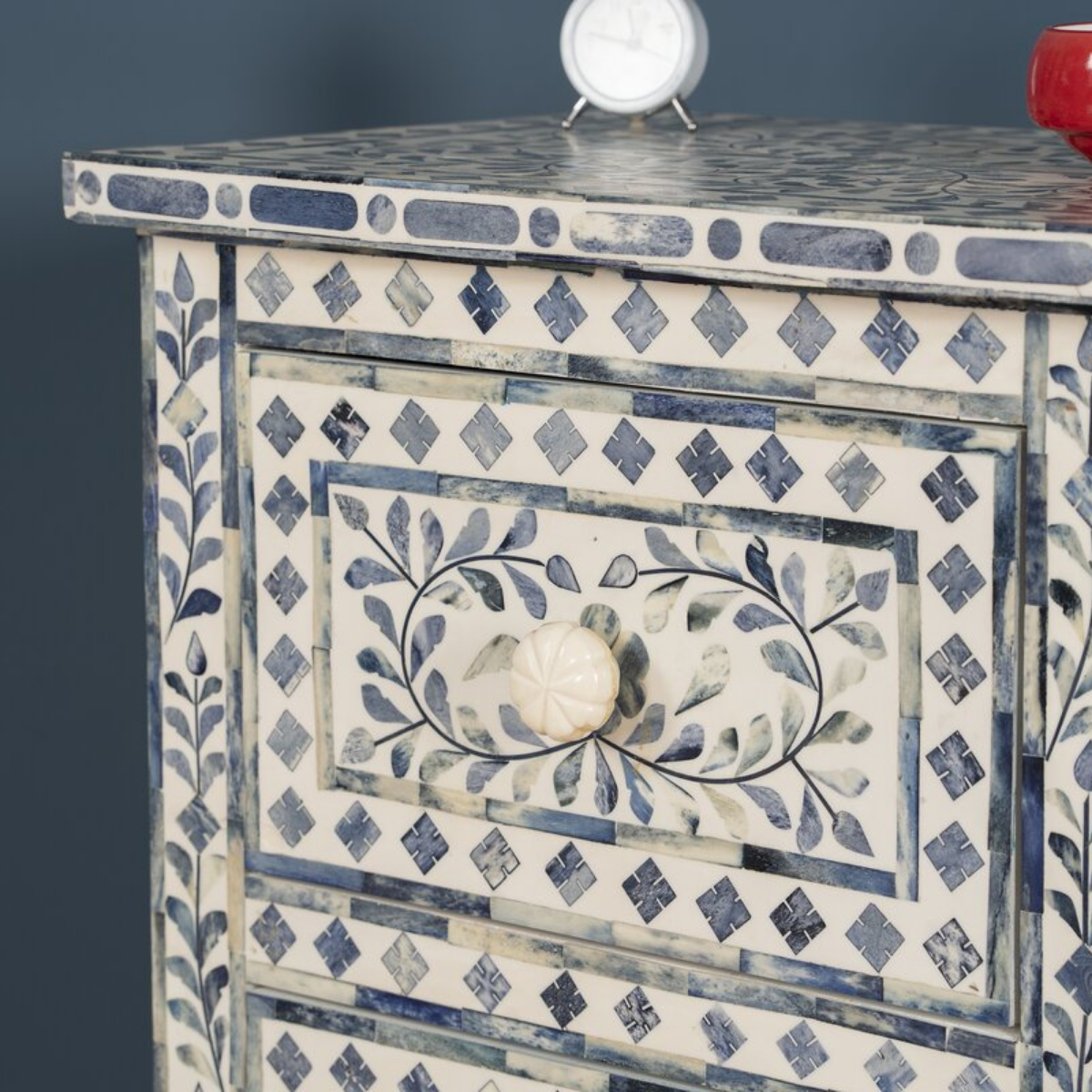 Handmade Blue Bone Inlay 2 Drawer Bedside Table | Floral Nightstand