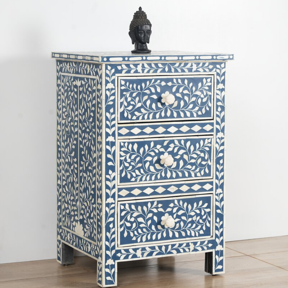 Handmade Blue Floral Bone Inlay 3 Drawer Bedside Table | Luxury Nightstand