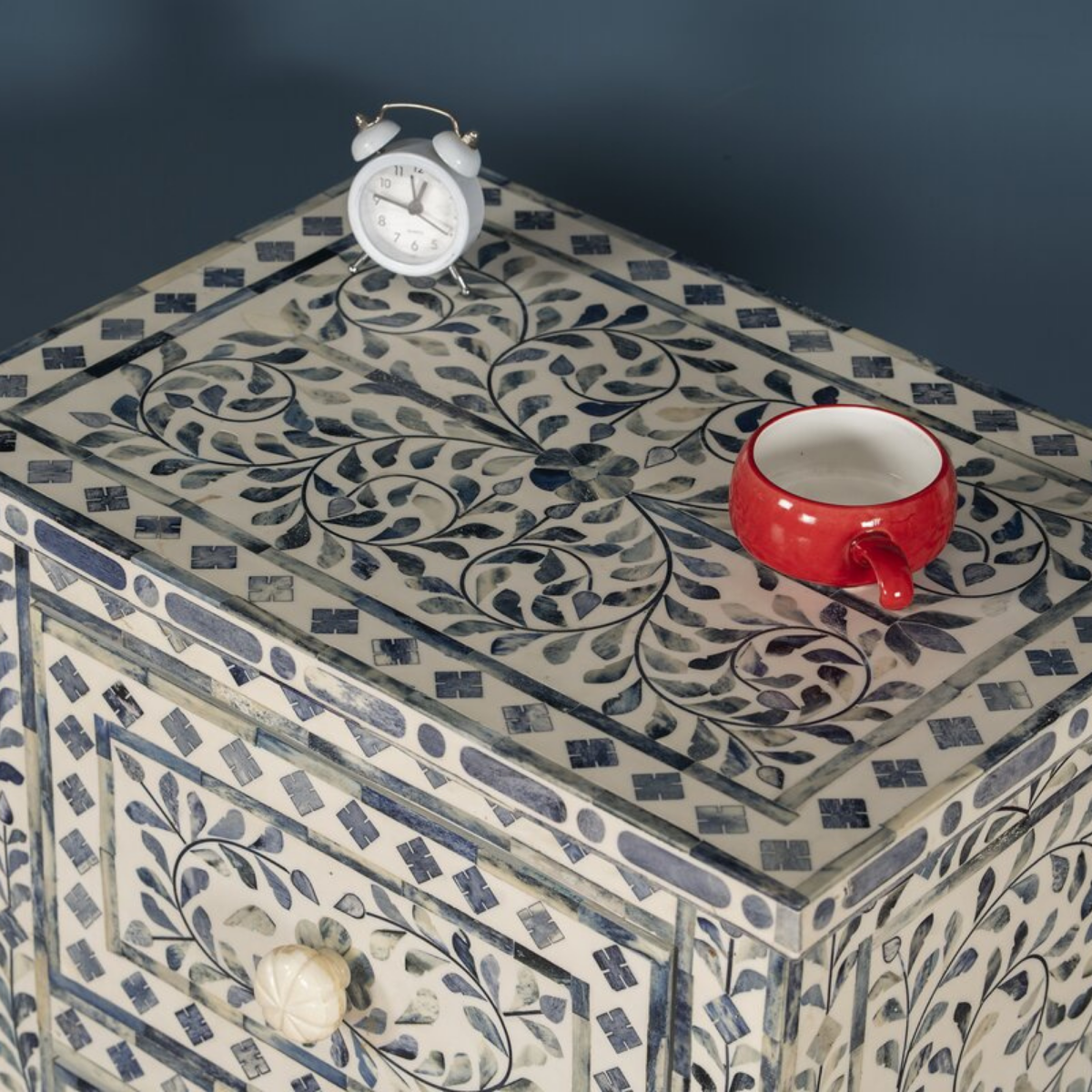 Handmade Blue Bone Inlay 2 Drawer Bedside Table | Floral Nightstand