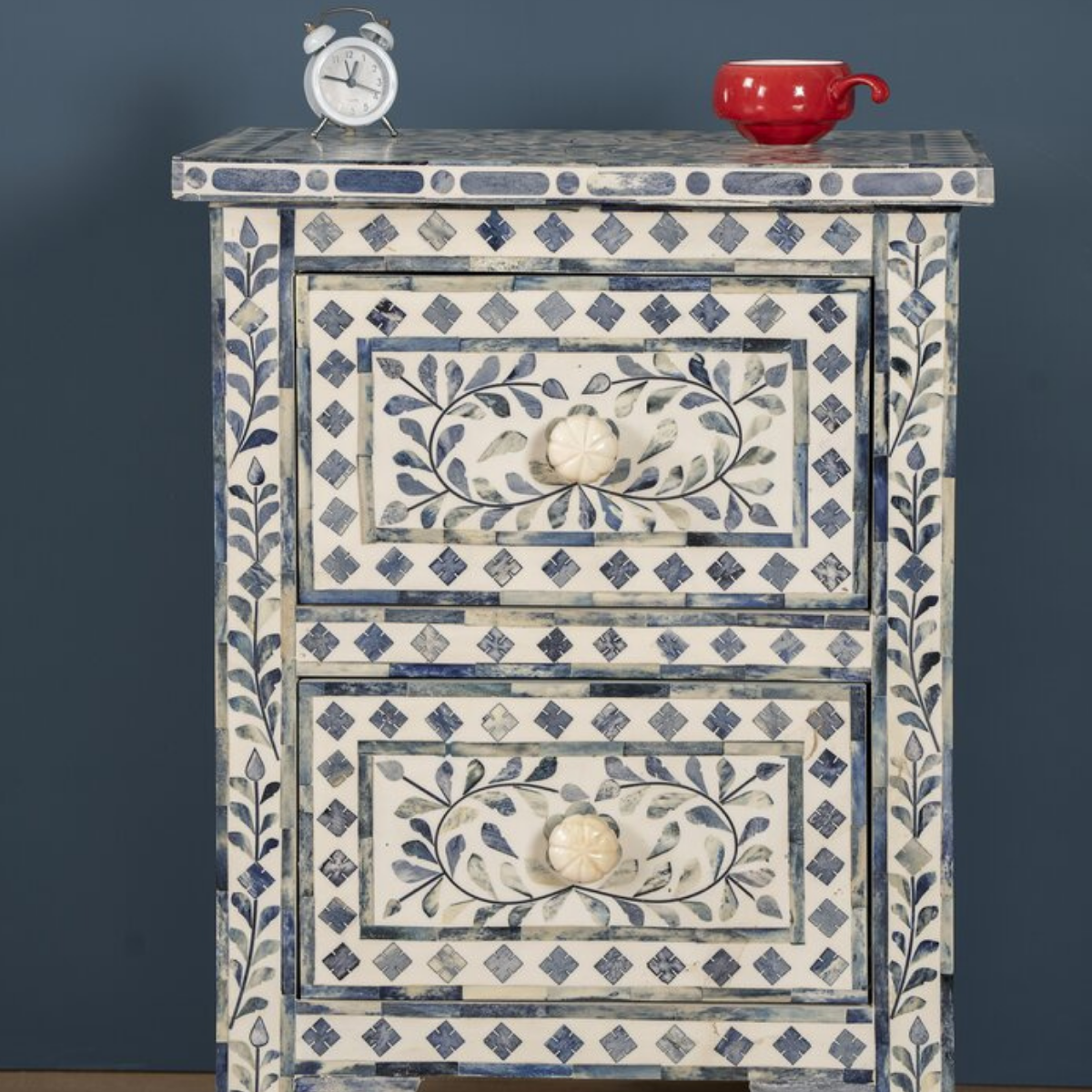Handmade Blue Bone Inlay 2 Drawer Bedside Table | Floral Nightstand
