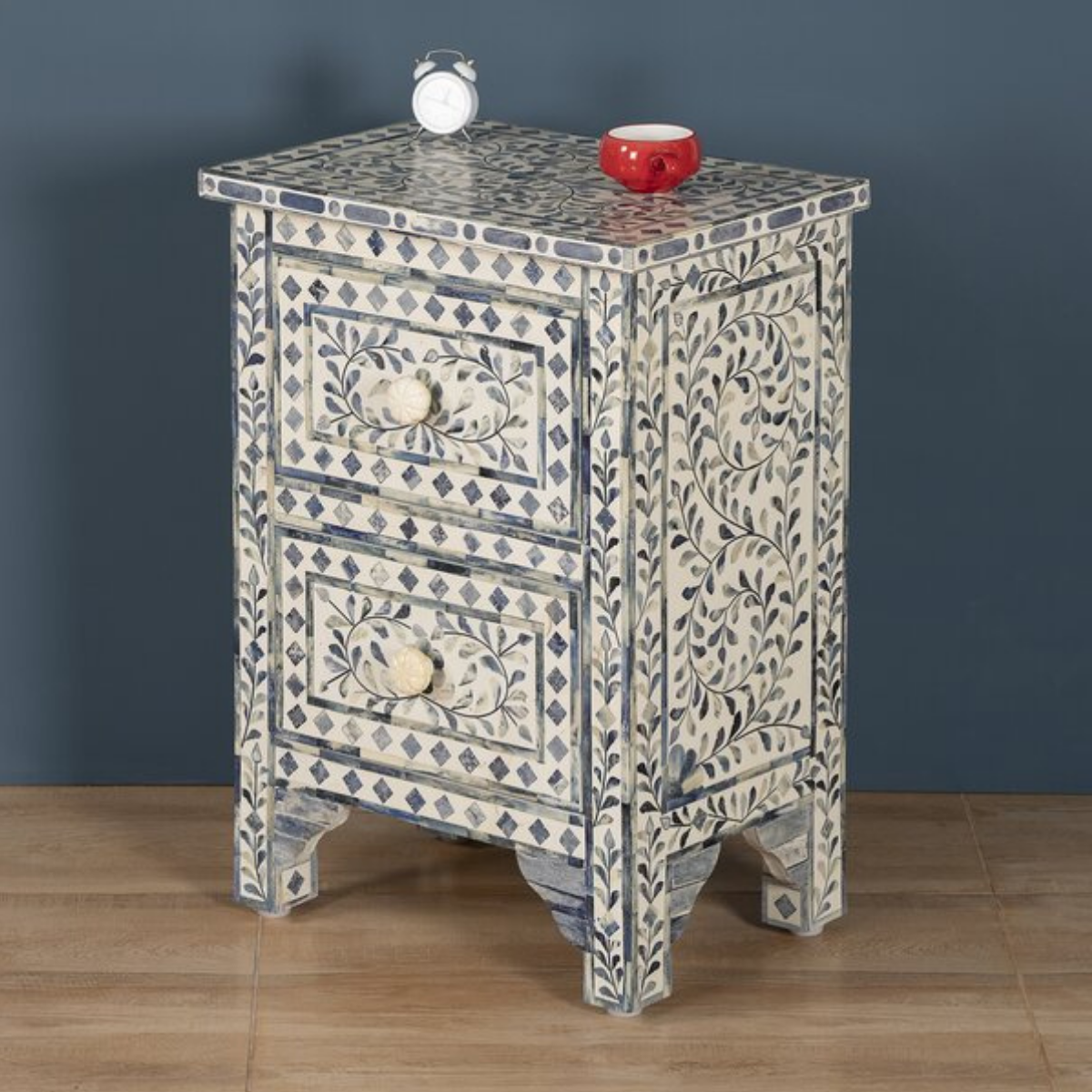 Handmade Blue Bone Inlay 2 Drawer Bedside Table | Floral Nightstand