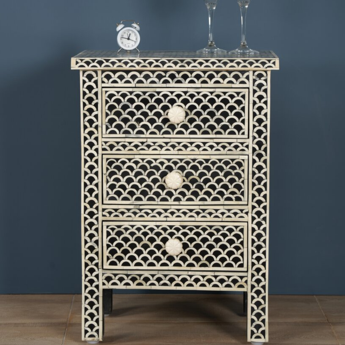 Handmade Black Fish Scale Bone Inlay 3 Drawer Bedside Table | Luxury Nightstand