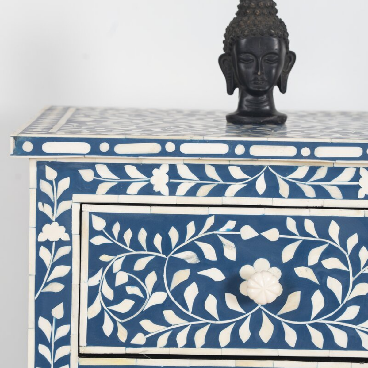 Handmade Blue Floral Bone Inlay 3 Drawer Bedside Table | Luxury Nightstand