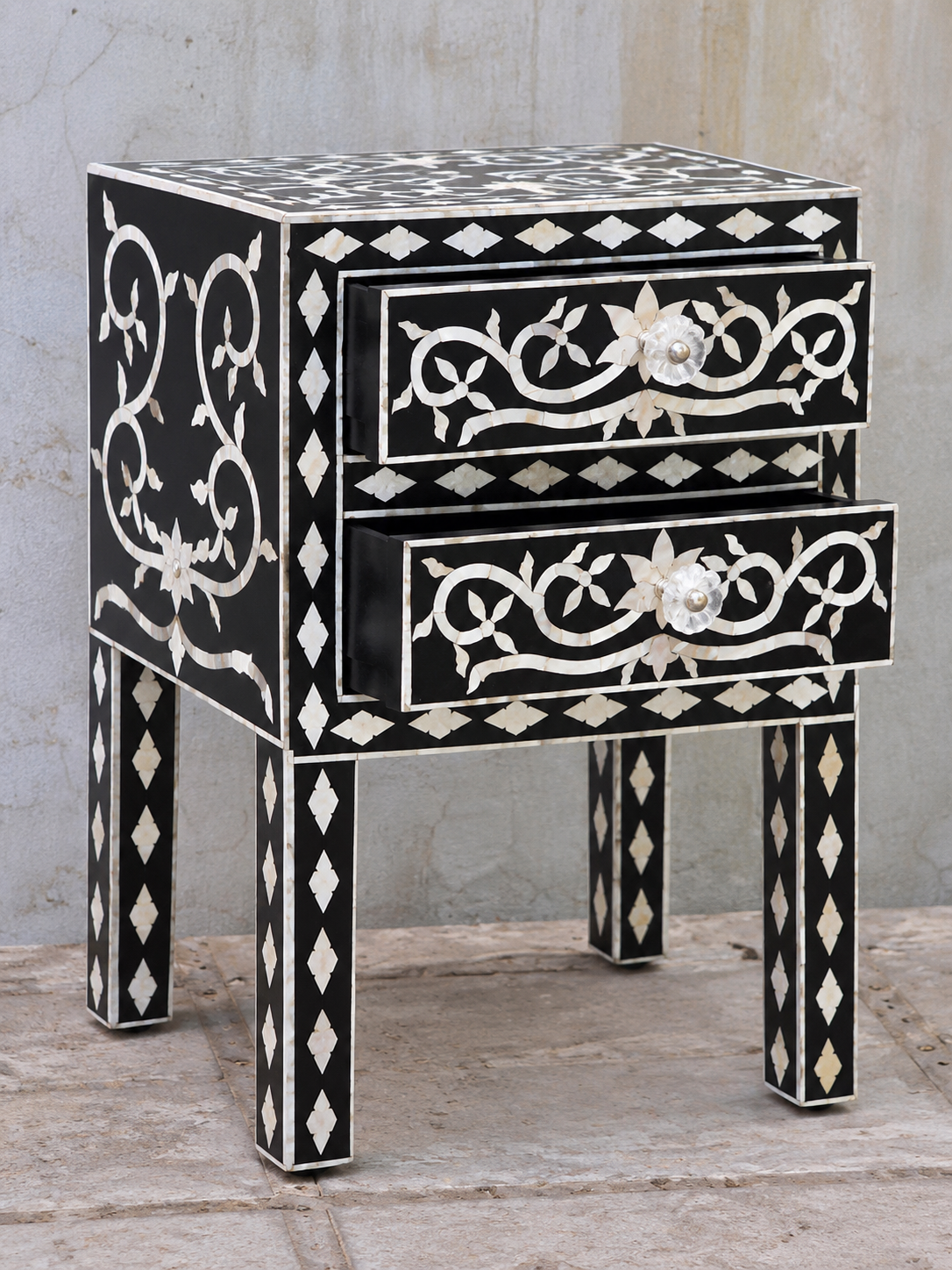 Black Mother of Pearl Bedside Table with 2 Drawers – Handmade Floral Inlay Nightstand