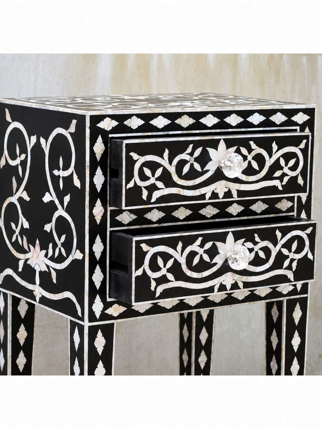 Black Mother of Pearl Bedside Table with 2 Drawers – Handmade Floral Inlay Nightstand