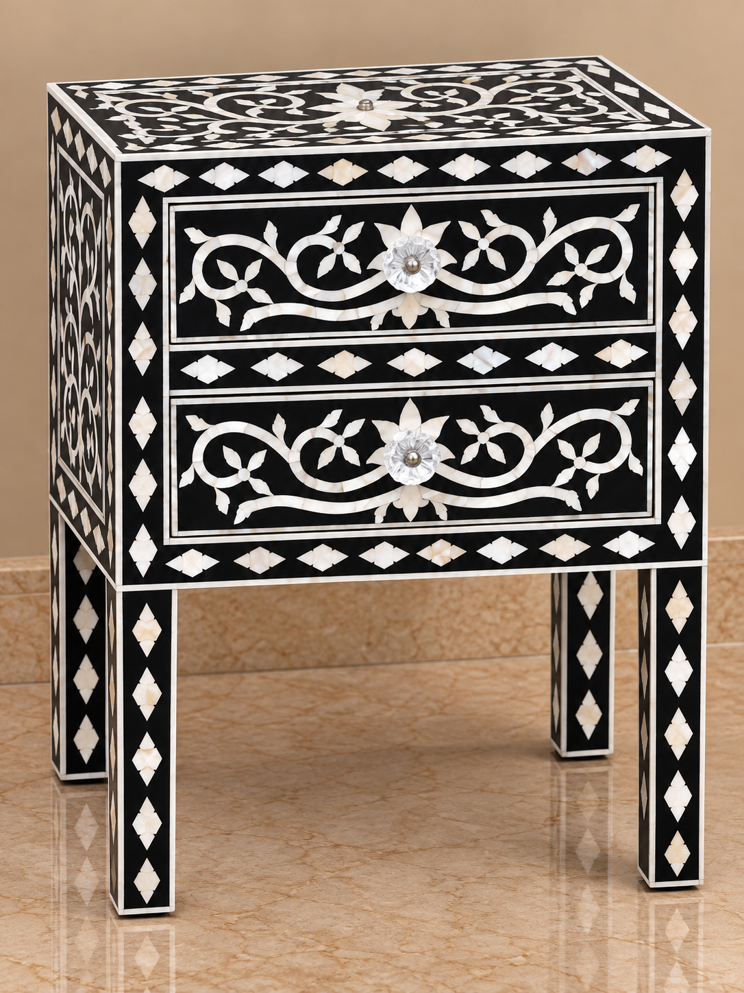 Handmade black Mother of Pearl bedside table with two drawers and floral inlay design
