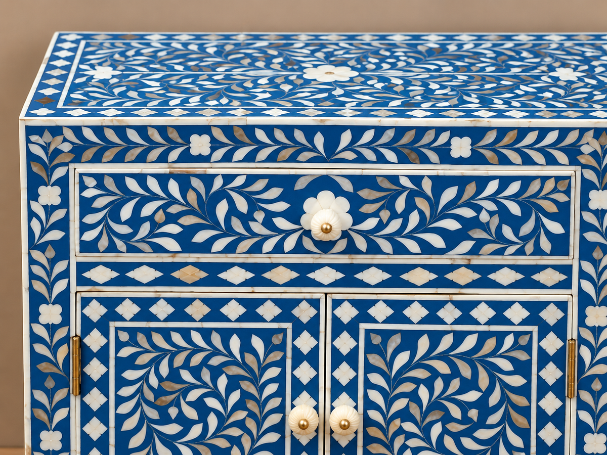 Blue Mother of Pearl Bedside Cabinet – Handmade Floral Inlay Nightstand with Drawer & Doors