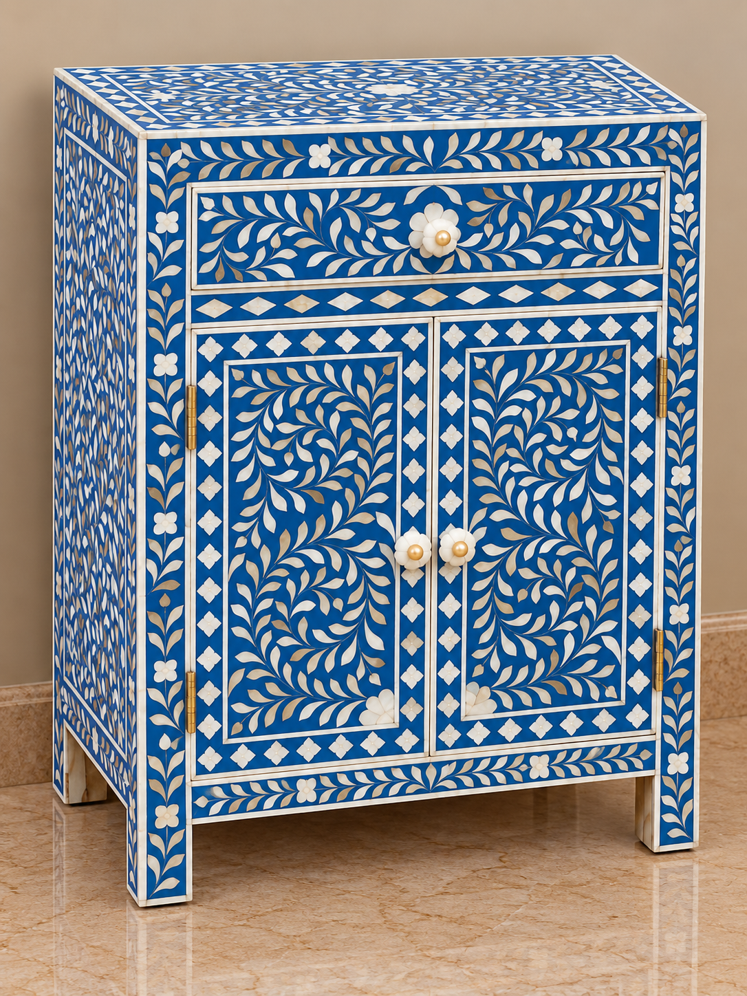 Blue Mother of Pearl Bedside Cabinet – Handmade Floral Inlay Nightstand with Drawer & Doors