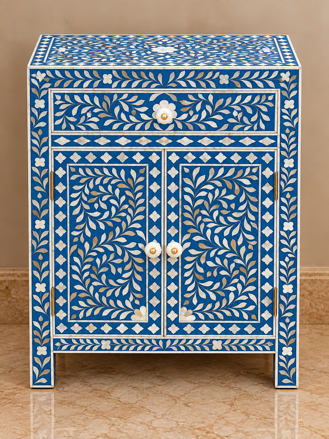 Handmade blue Mother of Pearl bedside cabinet with floral inlay, one drawer and two doors