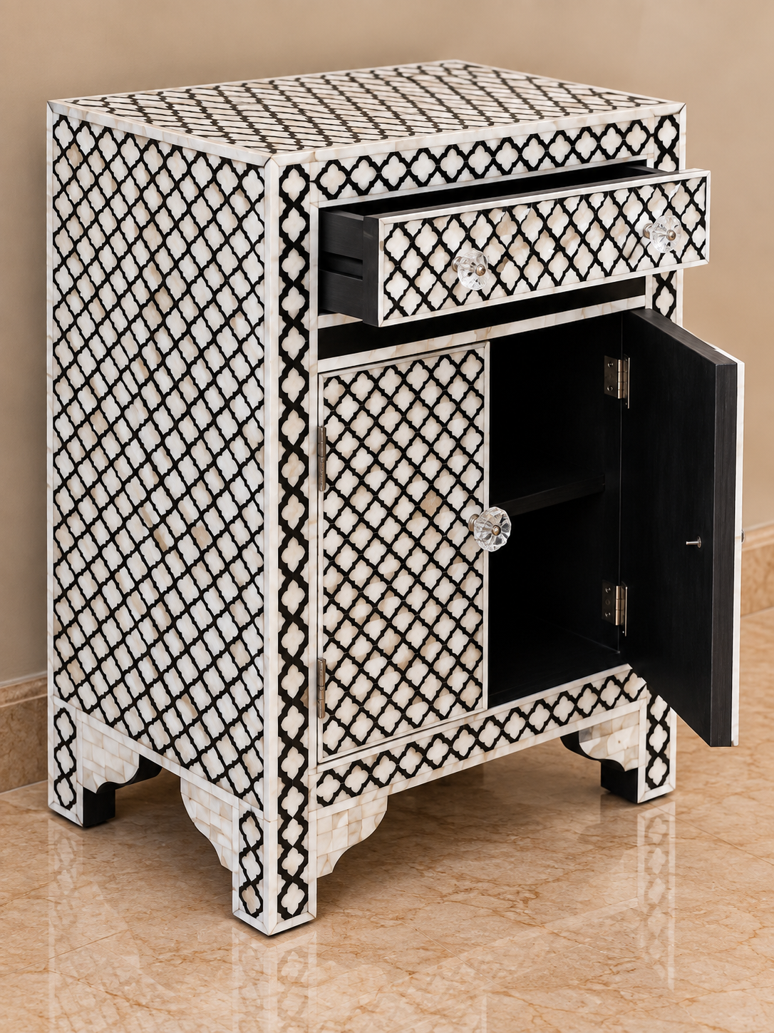 Black & White Mother of Pearl Bedside Cabinet – Handmade Geometric Inlay Nightstand with Drawer & Doors