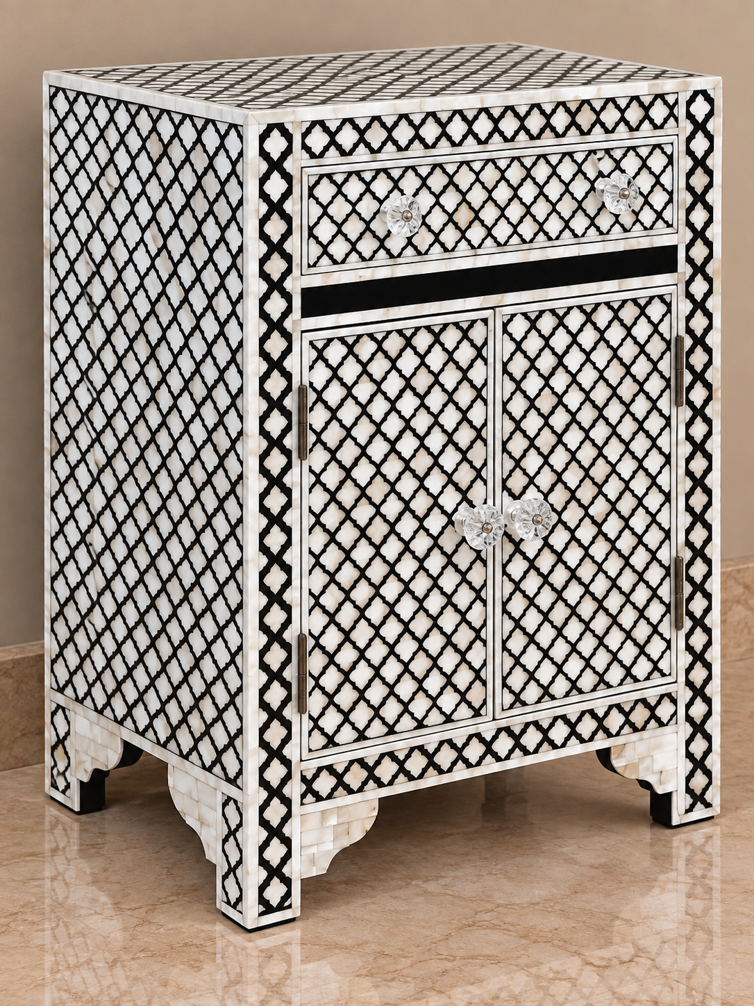 Black & White Mother of Pearl Bedside Cabinet – Handmade Geometric Inlay Nightstand with Drawer & Doors
