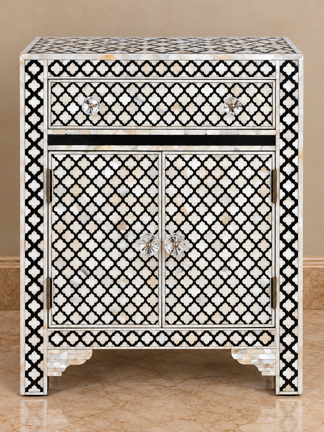 Black and white Mother of Pearl bedside cabinet with geometric inlay, one drawer and two doors
