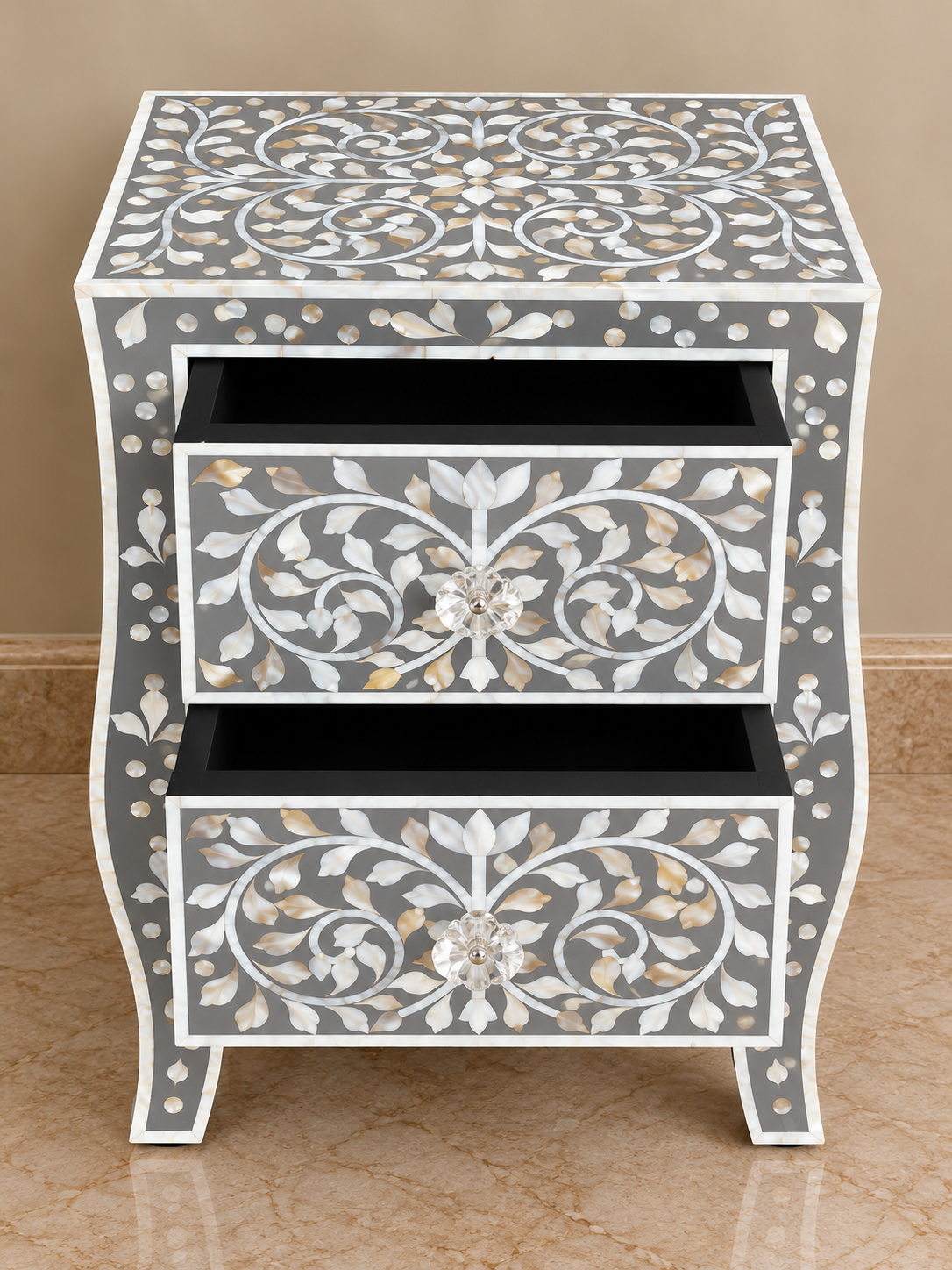 Grey Mother of Pearl Bedside Table with 2 Drawers – Handmade Floral Inlay Nightstand