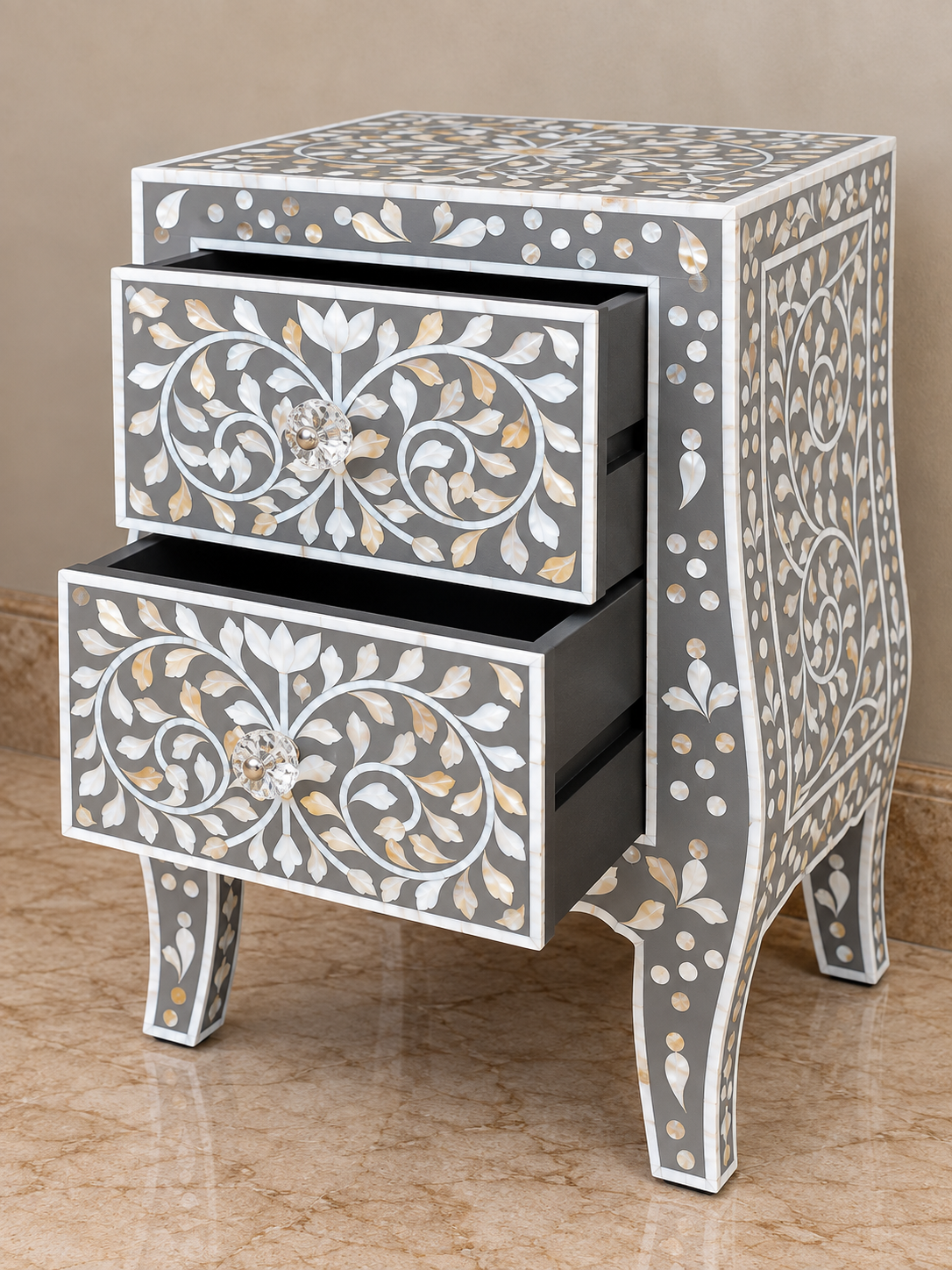 Grey Mother of Pearl Bedside Table with 2 Drawers – Handmade Floral Inlay Nightstand