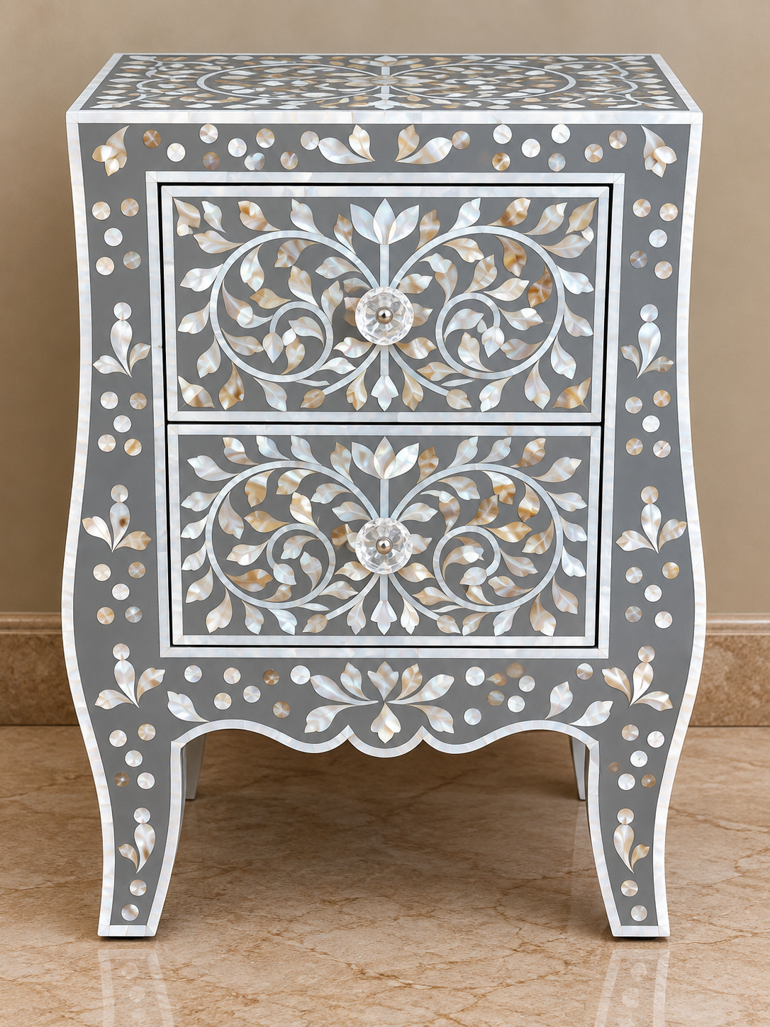 Handmade grey Mother of Pearl bedside table with two drawers, floral inlay design and curved legs