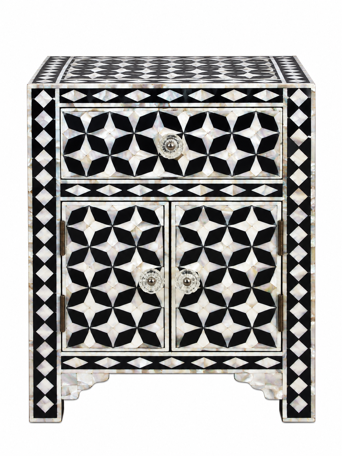 Black Mother of Pearl Bedside Cabinet – Handmade Geometric Inlay Nightstand with Drawer & 2 Doors