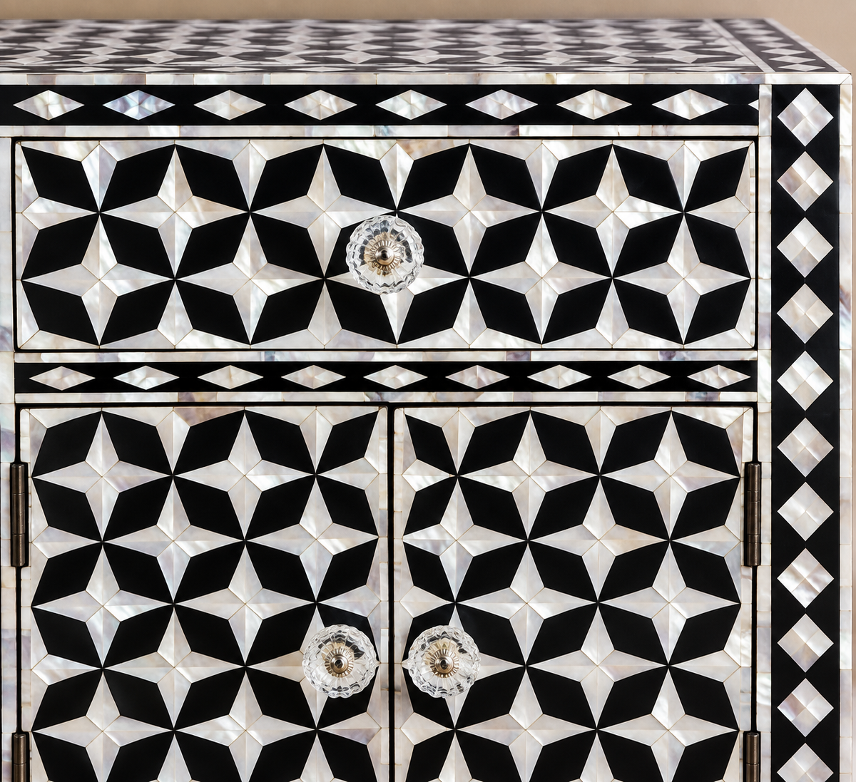 Black Mother of Pearl Bedside Cabinet – Handmade Geometric Inlay Nightstand with Drawer & 2 Doors