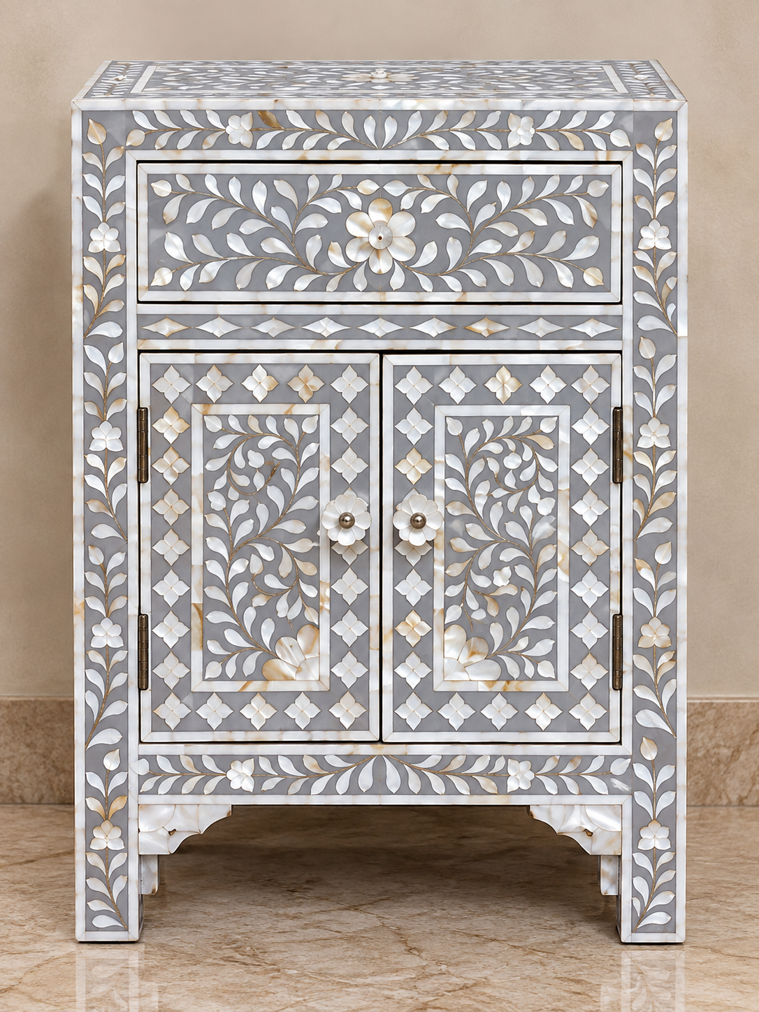 Handmade grey Mother of Pearl bedside cabinet with floral inlay, one drawer and two doors