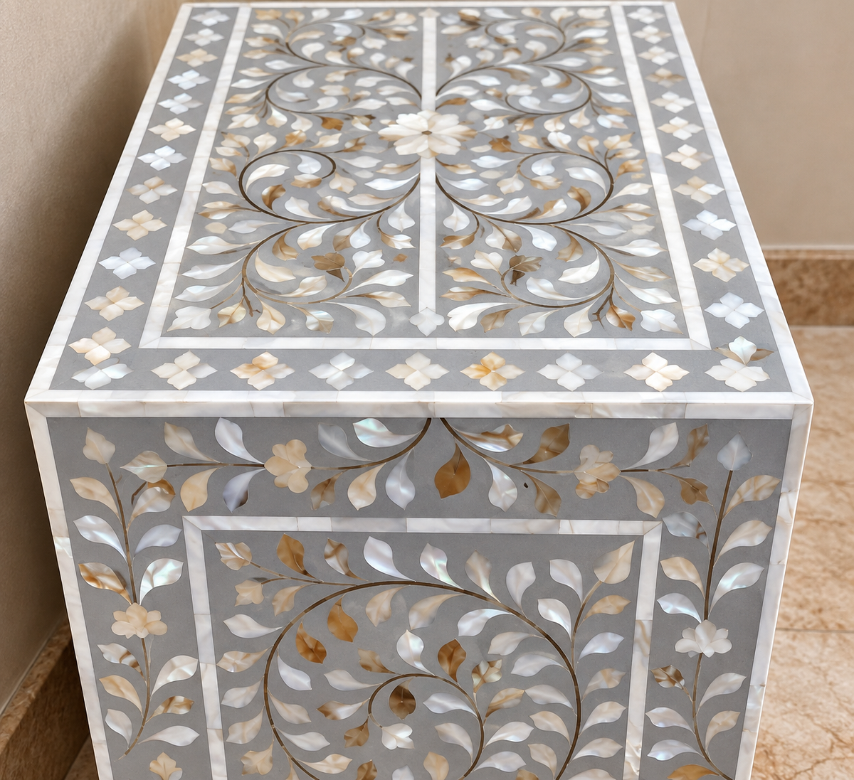 Grey Mother of Pearl Bedside Cabinet – Handmade Floral Inlay Nightstand with Drawer & 2 Doors