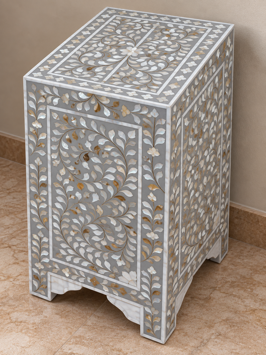 Grey Mother of Pearl Bedside Cabinet – Handmade Floral Inlay Nightstand with Drawer & 2 Doors