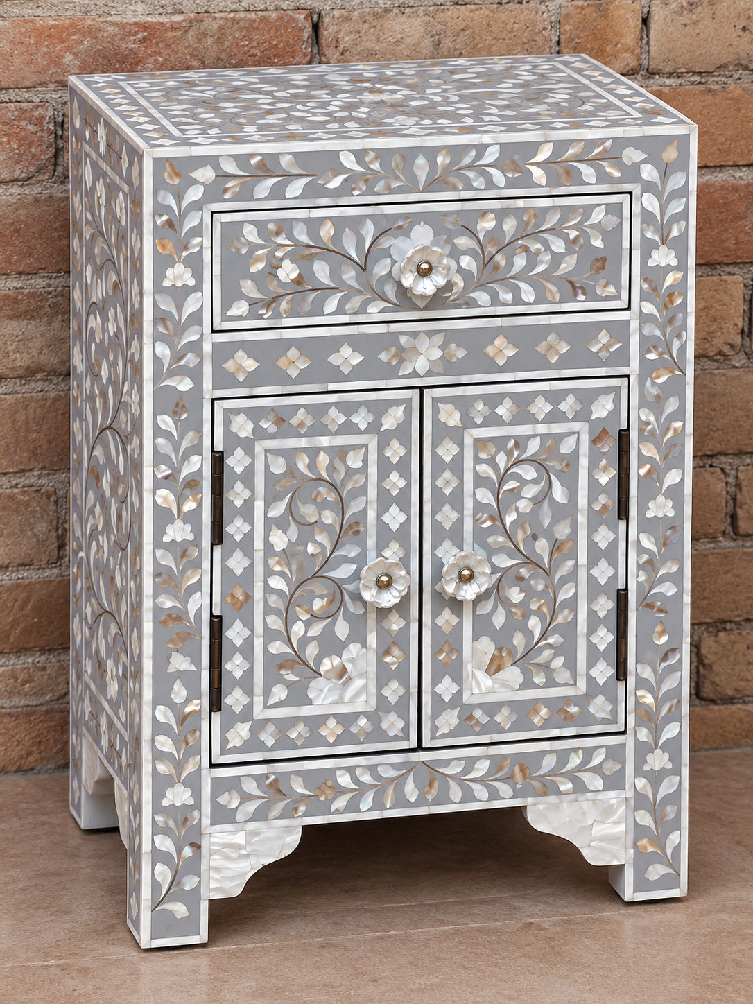 Grey Mother of Pearl Bedside Cabinet – Handmade Floral Inlay Nightstand with Drawer & 2 Doors