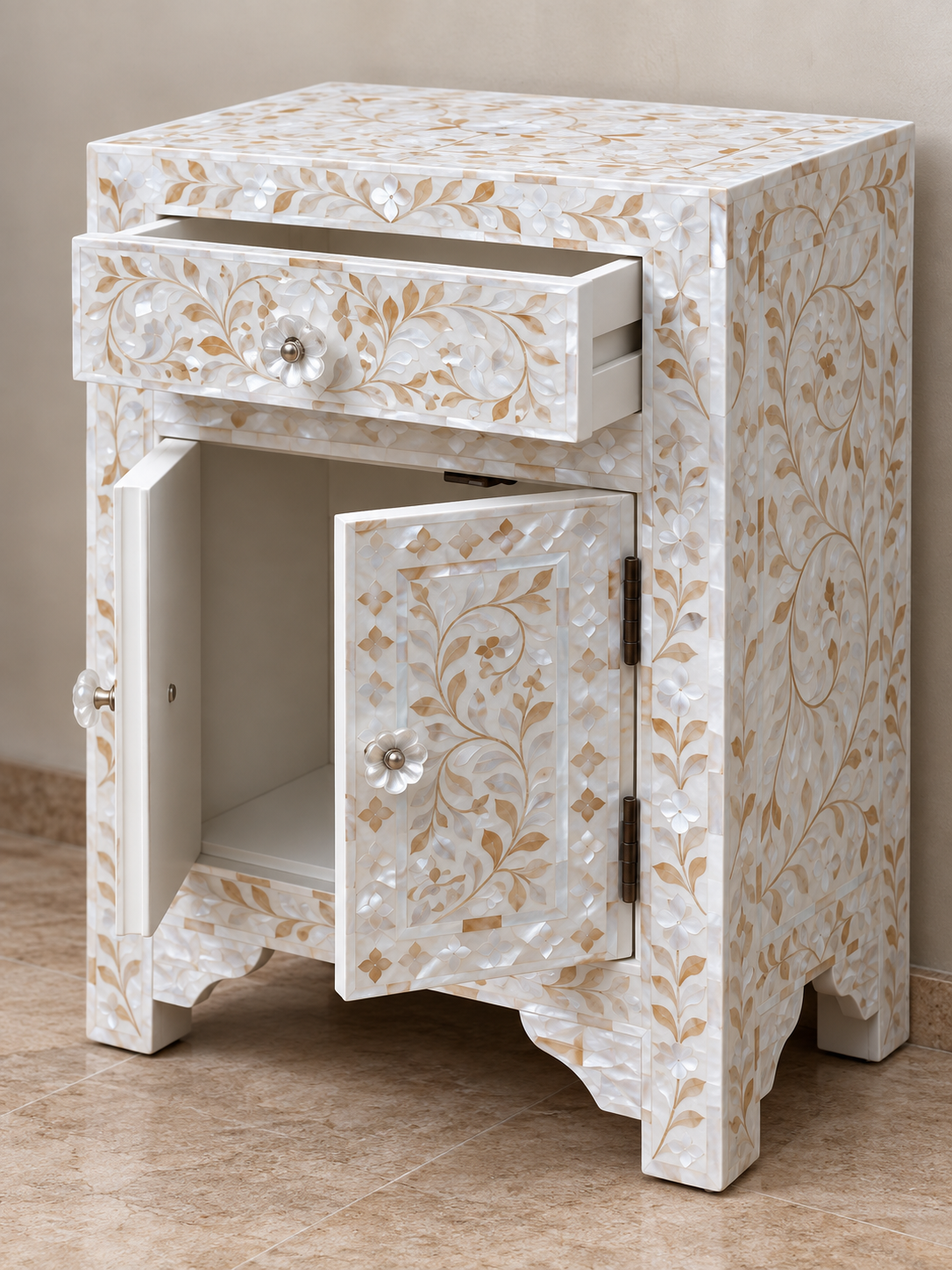 White Mother of Pearl Bedside Cabinet – Handmade Floral Inlay Nightstand with Drawer & 2 Doors