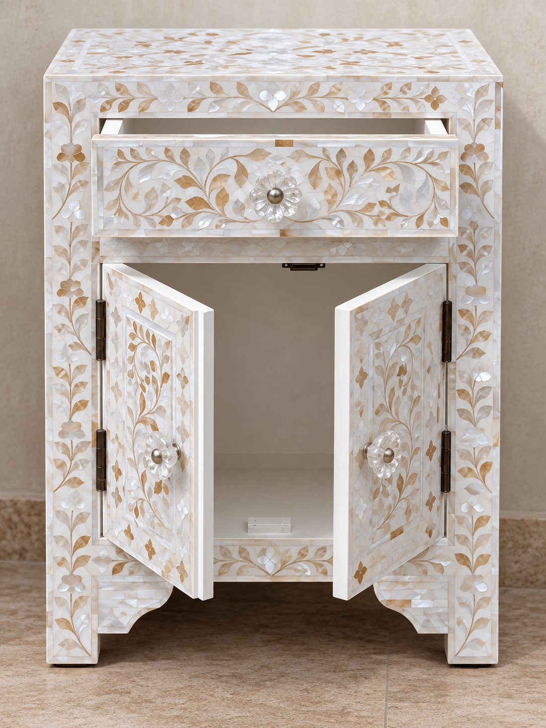 White Mother of Pearl Bedside Cabinet – Handmade Floral Inlay Nightstand with Drawer & 2 Doors