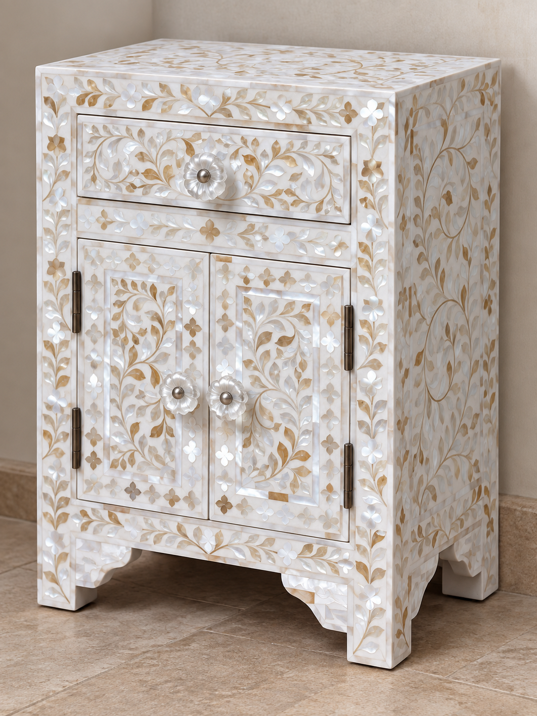 White Mother of Pearl Bedside Cabinet – Handmade Floral Inlay Nightstand with Drawer & 2 Doors