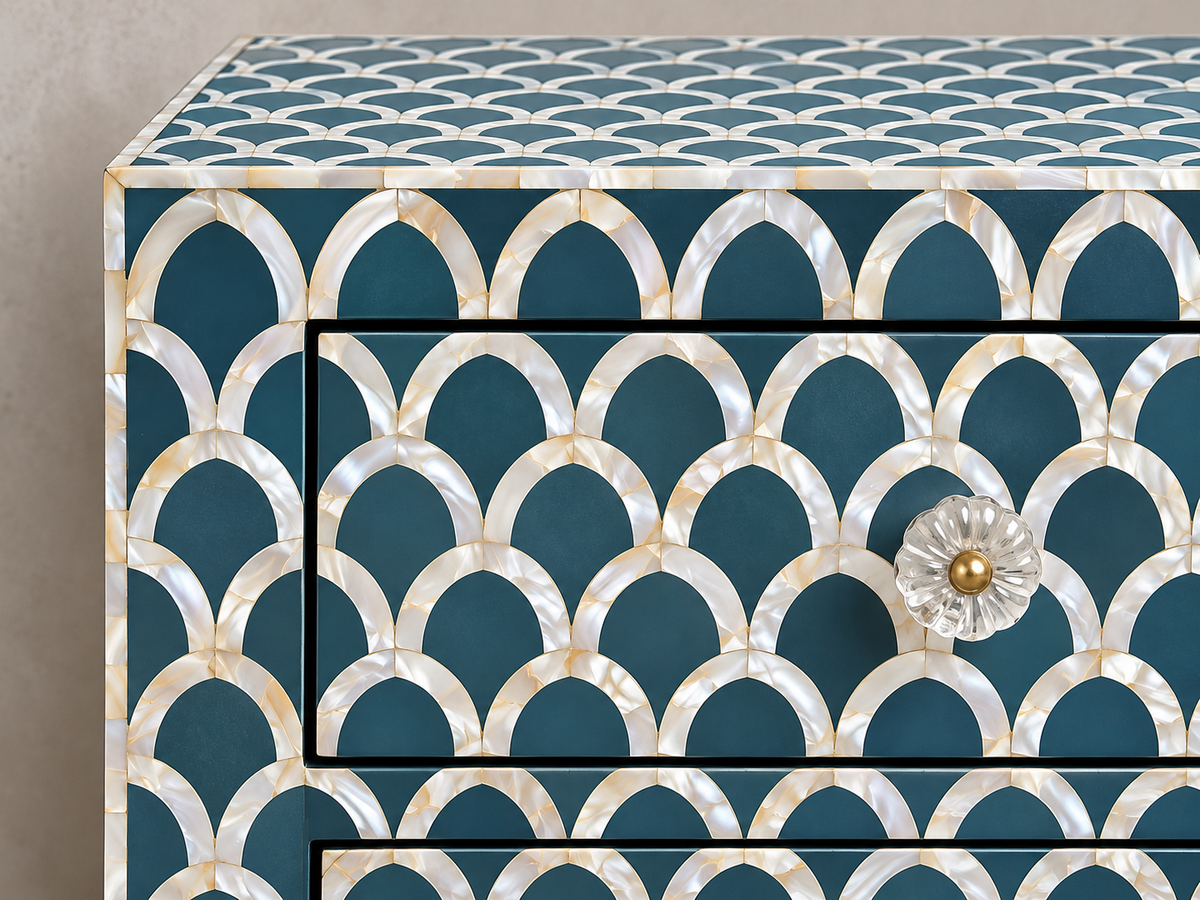 Teal Blue Mother of Pearl Bedside Cabinet – Handmade Scallop Inlay Nightstand with Drawer & 2 Doors