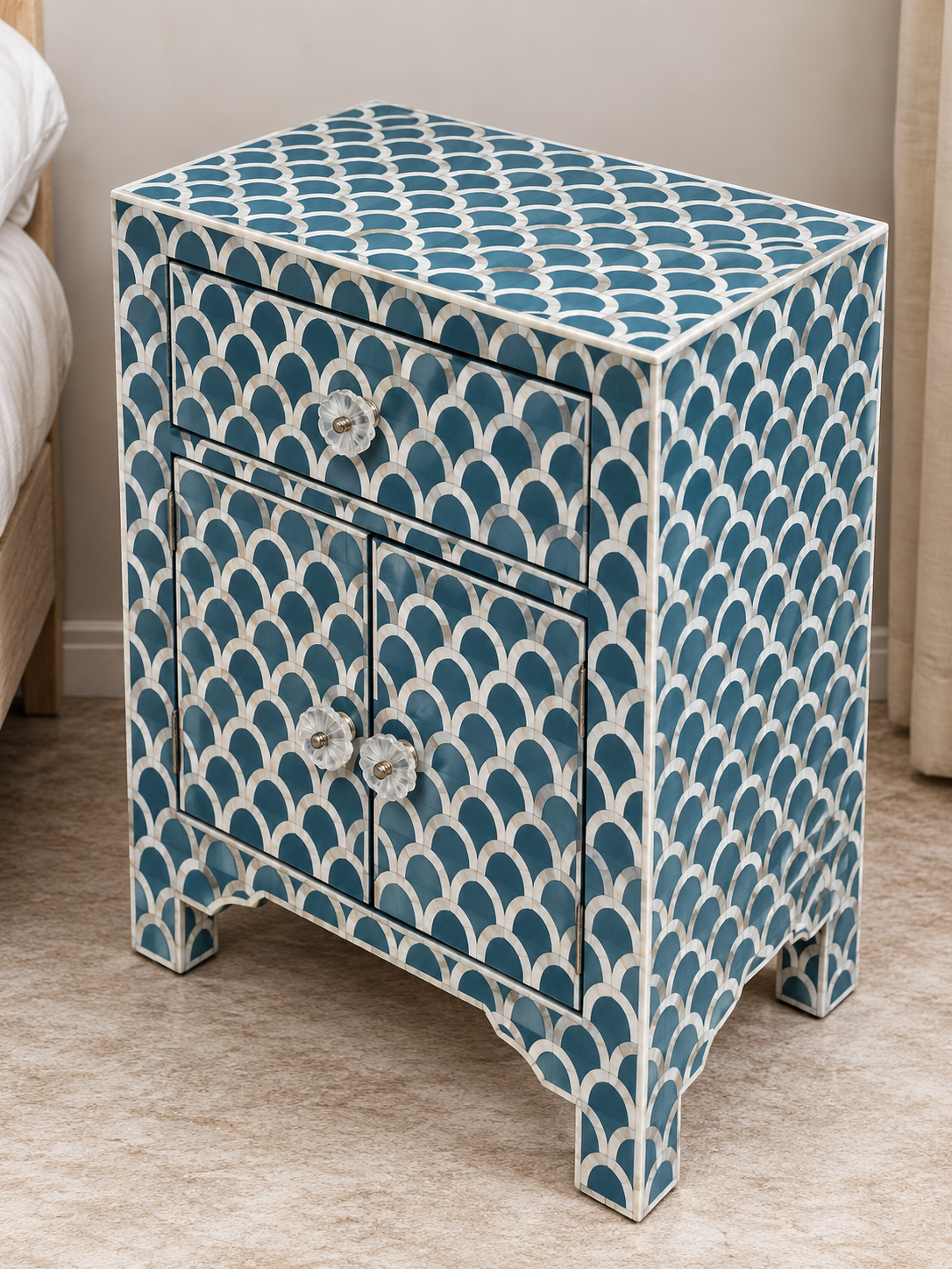Teal Blue Mother of Pearl Bedside Cabinet – Handmade Scallop Inlay Nightstand with Drawer & 2 Doors