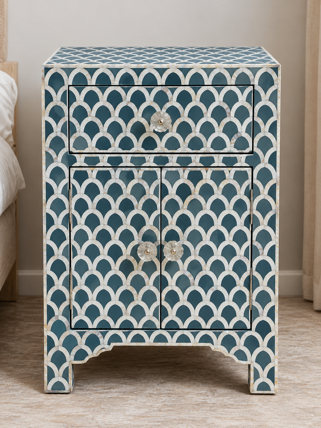 Teal blue Mother of Pearl bedside cabinet with scallop pattern, one drawer and two doors