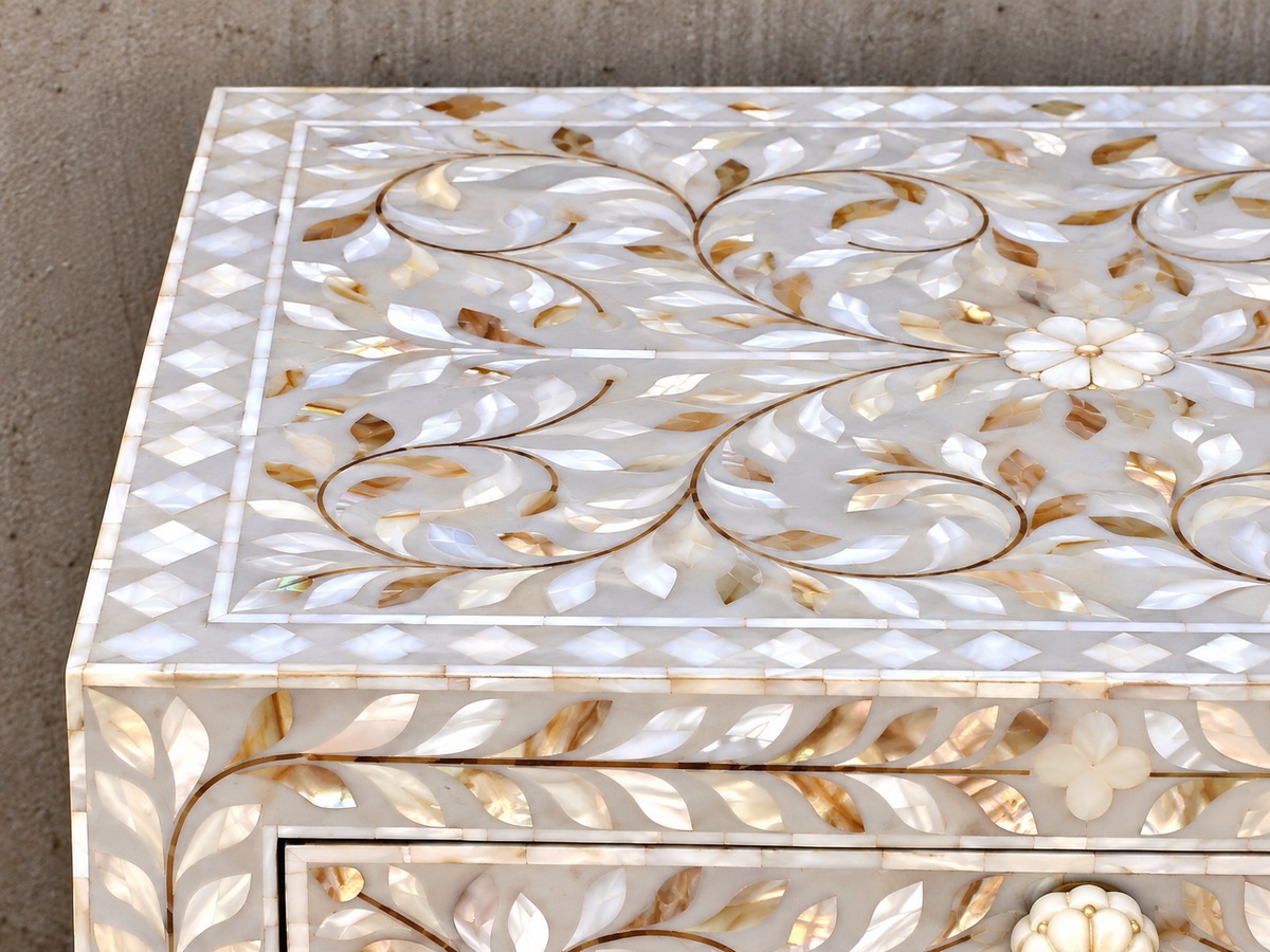 White Mother of Pearl Bedside Table – Handmade Floral Inlay Nightstand with 3 Drawers