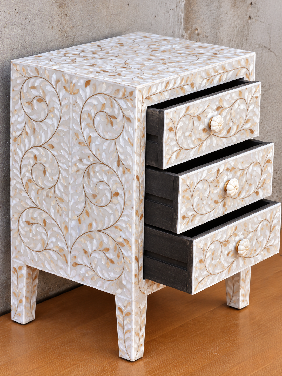 White Mother of Pearl Bedside Table – Handmade Floral Inlay Nightstand with 3 Drawers